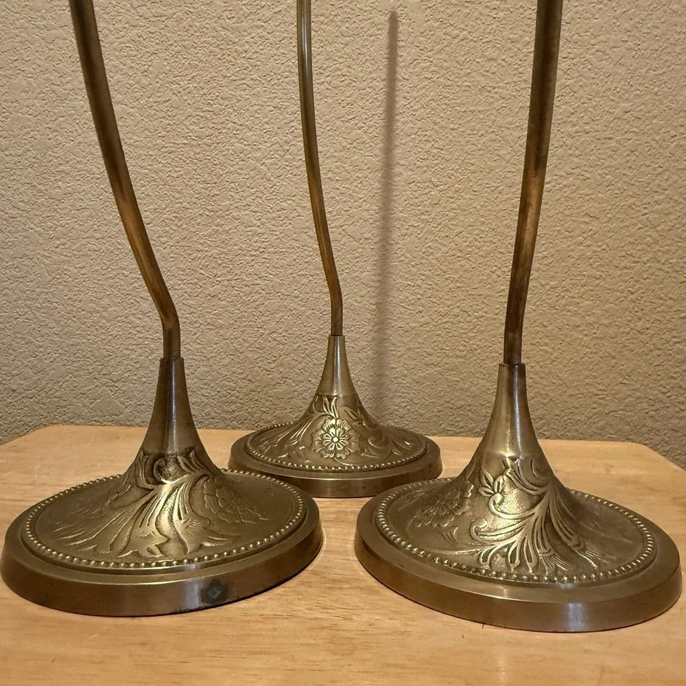 Set of 3 World Market Heavy Brass Ornate Ornament Holder Stands 17